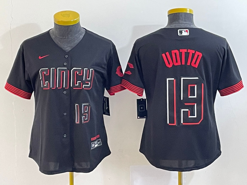 Women's Cincinnati Reds #19 Joey Votto Black 2023 City Connect With Patch Stitched Baseball Jersey(Run Small)
